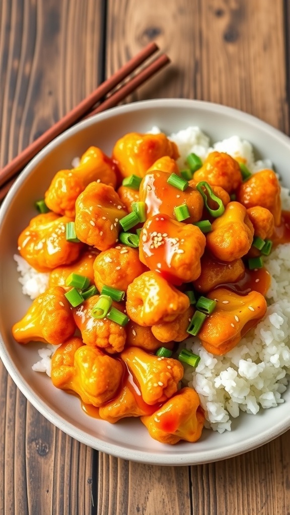Crispy cauliflower orange chicken served over rice, garnished with green onions and sesame seeds.